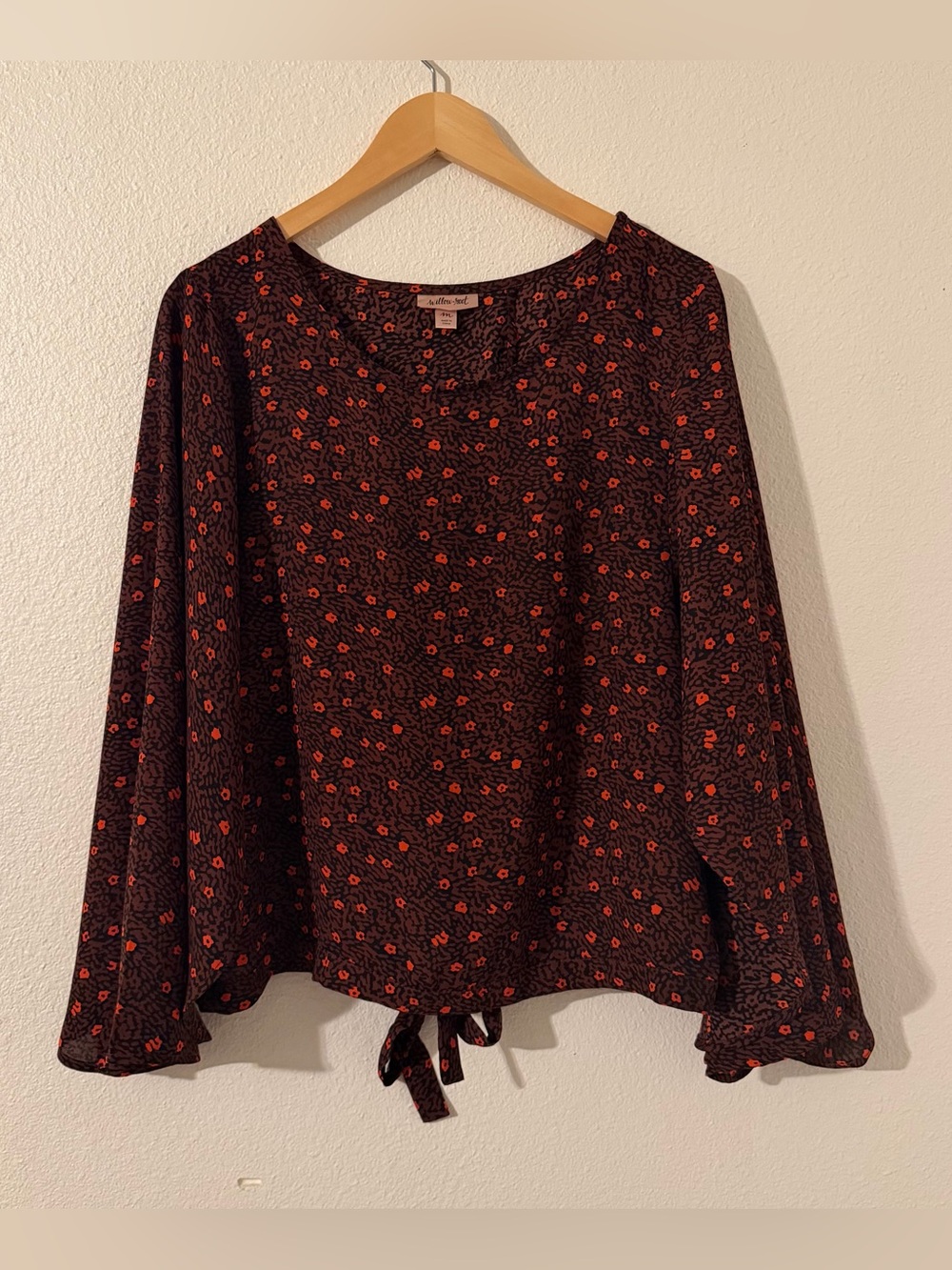 Willow + Root Blouse Womens Medium Plum Orange Floral Tie Back Long Sleeve Top